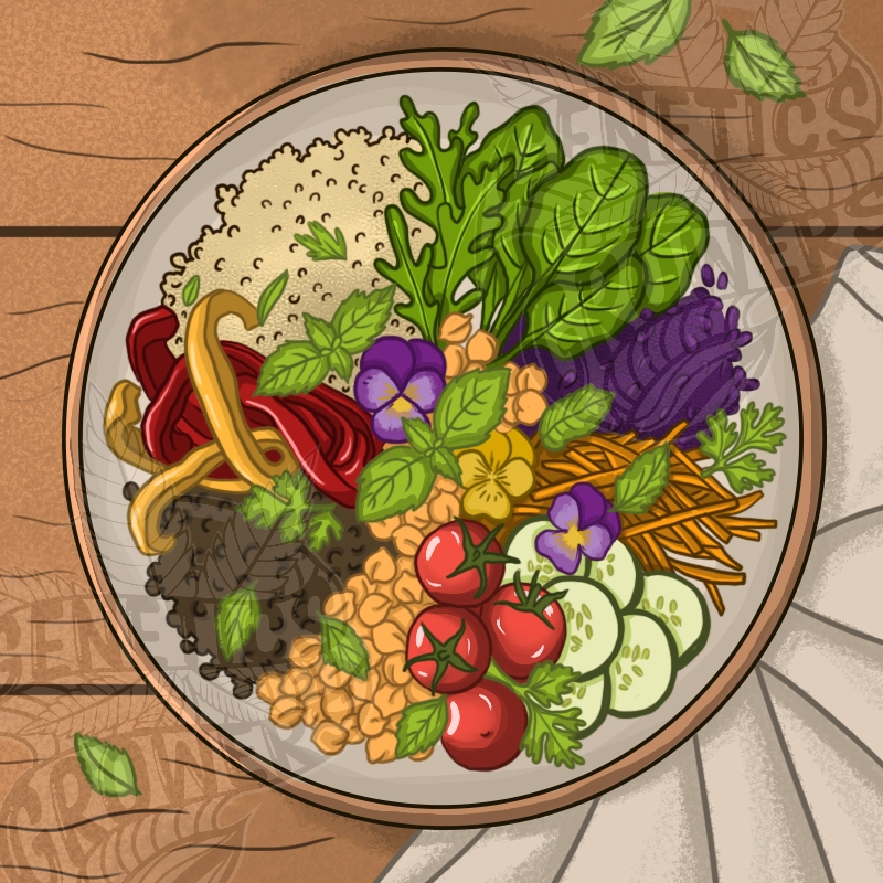 Overhead view of a vibrant plant-based bowl filled with quinoa, leafy greens, chickpeas, cherry tomatoes, lentils, edible flowers and fresh vegetables on a wooden table