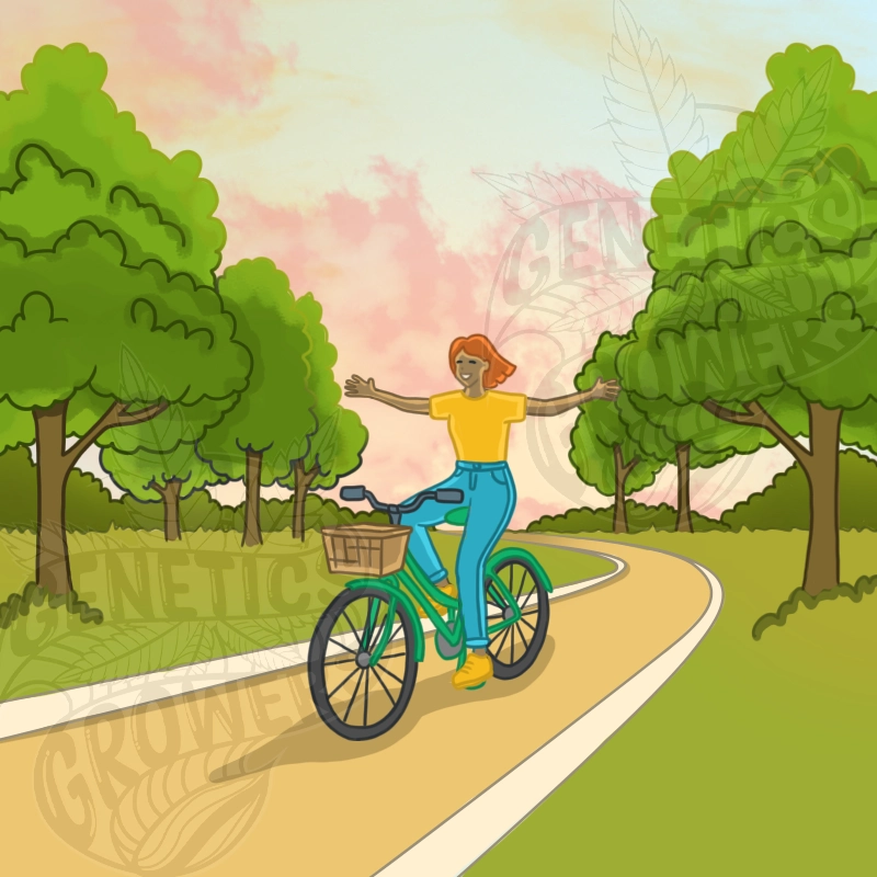 Illustration of a happy woman riding a bicycle with open arms along a green park path surrounded by trees and a warm colorful sky expressing freedom and joy of sustainable transportation