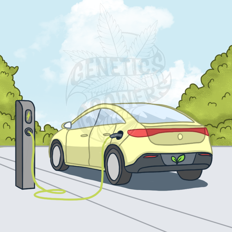 Illustration of a yellow electric vehicle charging at a station surrounded by green trees and a clean blue sky with a small green leaf icon where the exhaust pipe would be symbolizing zero emissions