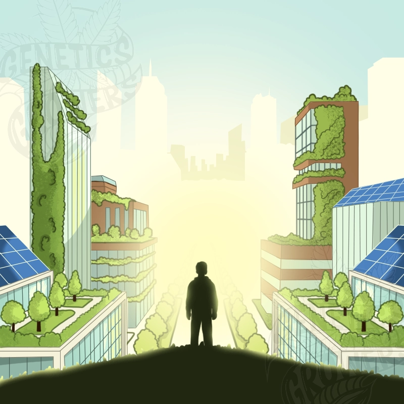 Person silhouette contemplating a futuristic green city with vertical gardens, solar panels and sustainable architecture, representing the vision of a greener future