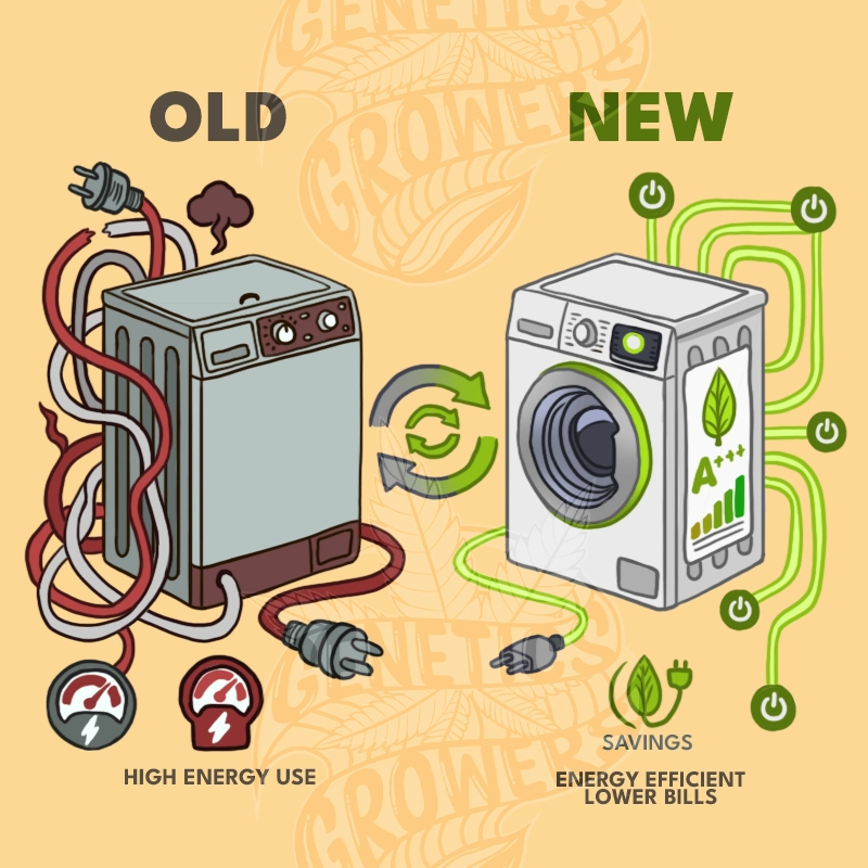 Comparison illustration of an old appliance with tangled cables and high energy use versus a new energy efficient washing machine with A+++ rating, green circuits and lower bills