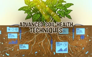 Cover illustration showing a healthy plant above ground and a detailed root system connected to digital sensors and floating data panels underground, representing advanced soil health monitoring techniques.