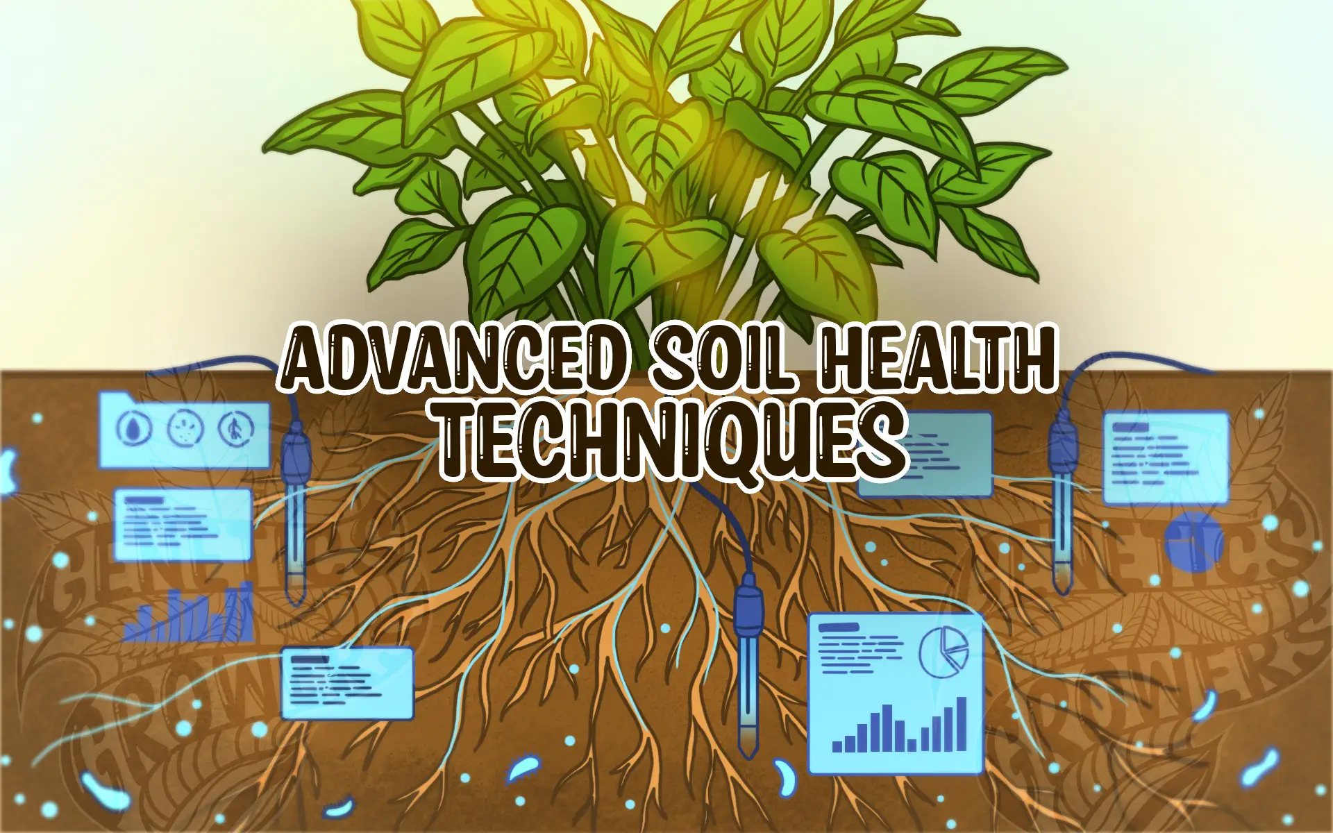 Cover illustration showing a healthy plant above ground and a detailed root system connected to digital sensors and floating data panels underground, representing advanced soil health monitoring techniques.