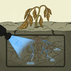 Illustration of a wilted, stressed plant above ground with a cross-section view below revealing a scanning device highlighting root stress, low moisture, and nutrient deficiency in the soil.