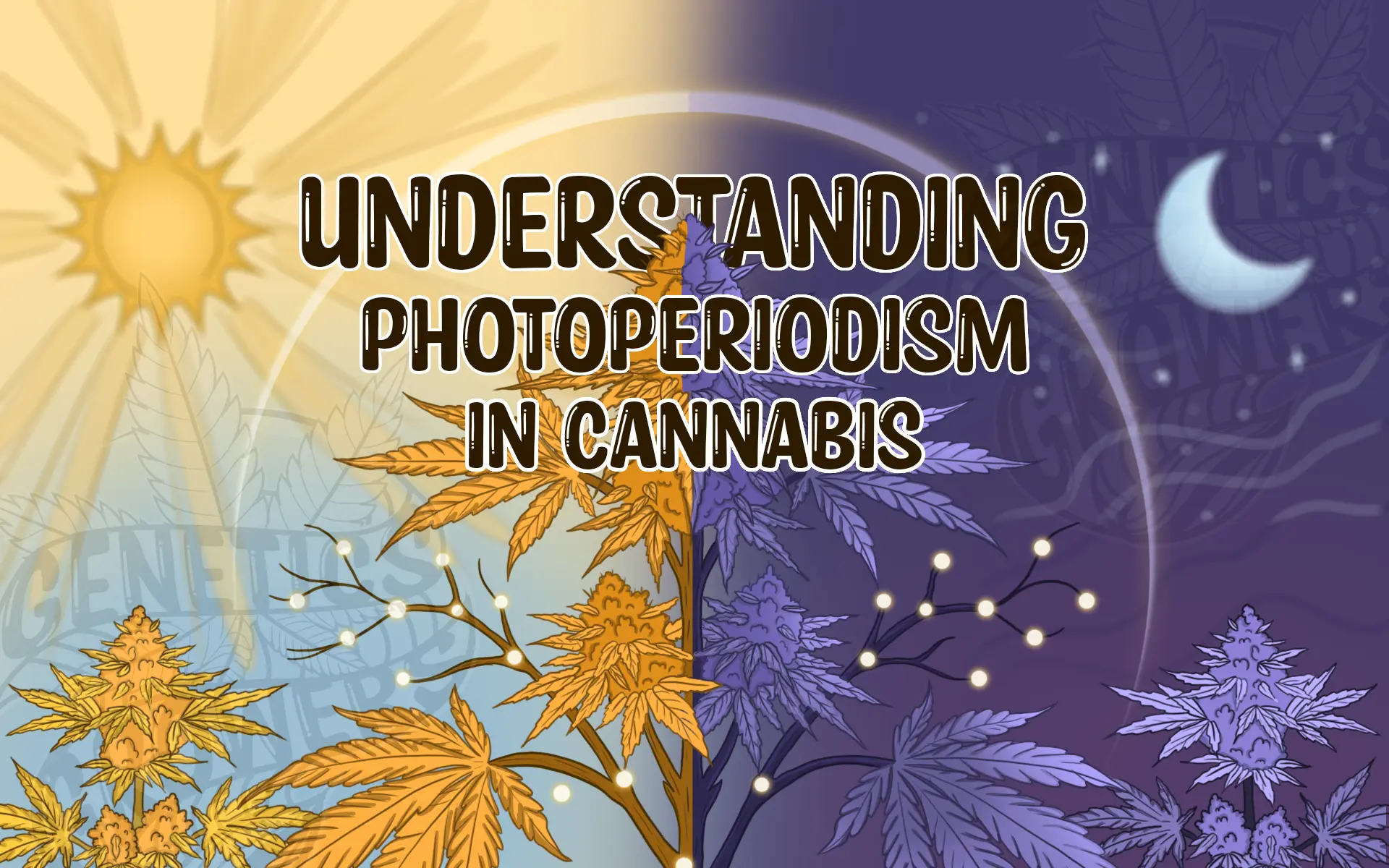 Cover illustration split between day and night showing a central cannabis plant with glowing photoreceptors, sun and moon representing photoperiodism