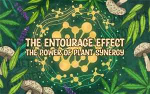Illustration of a glowing golden central molecule surrounded by connected compounds, over a background of cannabis, lavender, eucalyptus, and mushroom leaves, representing the entourage effect and plant synergy