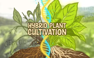 Illustration of a plant split into two halves, one wild and one vigorous hybrid, joined by a glowing DNA double helix, representing hybrid plant cultivation