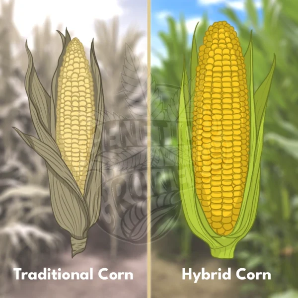 Split-screen comparison of a pale, thin traditional corn cob in a desaturated field versus a large, plump, golden hybrid corn cob in a vibrant green field