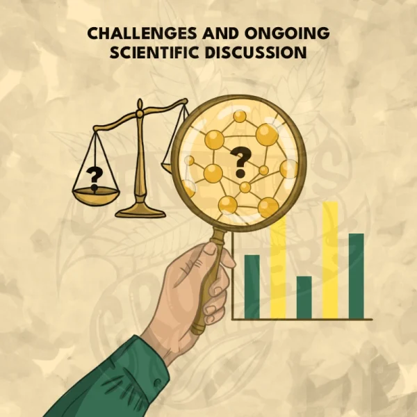 Hand holding a magnifying glass over a molecular structure with a question mark, next to a balanced scale and inconsistent bar chart results, representing scientific uncertainty around plant compound research