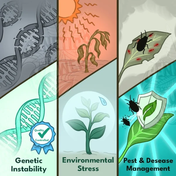 Three-panel illustration each split into problem and solution, showing an unstable DNA strand becoming quality controlled, a wilted plant under heat becoming healthy and hydrated, and a leaf attacked by pests becoming protected by a shield, representing genetic instability, environmental stress, and pest and disease management