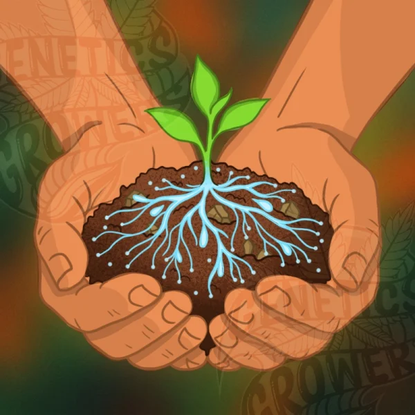 Illustration of two cupped hands holding rich dark soil with a small seedling sprouting from the center, with glowing data-like lines woven through the roots symbolizing the connection between nature and technology.