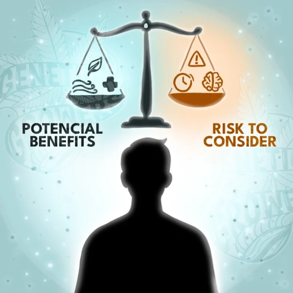 Silhouette of a person facing a balanced scale weighing potential benefits against risks to consider, symbolizing informed and responsible decision making about cannabis use