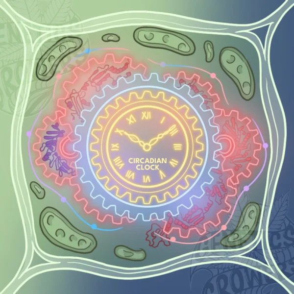 Illustration of a plant cell showing interlocking gears made of phytochrome and cryptochrome proteins surrounding a glowing central circadian clock