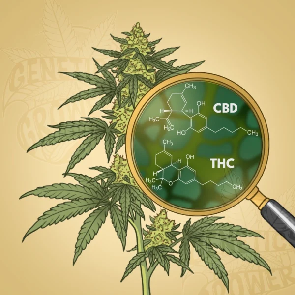 Cannabis plant examined through a magnifying glass revealing the molecular structures of THC and CBD, illustrating the transition from botanical observation to molecular science