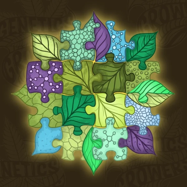 Puzzle-shaped illustration made of interlocking leaf textures and molecular patterns in green, purple, and blue tones, symbolizing plant synergy and the entourage effect