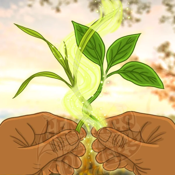 Illustration of two hands joining two seedlings whose stems intertwine in a glowing beam of light, symbolizing the fusion of genetic strengths in hybrid cultivation