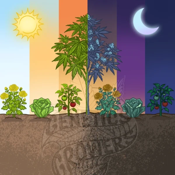 Garden illustration with a day-to-night gradient sky showing chrysanthemum, lettuce, tomato and a central cannabis plant transitioning from vegetative to flowering