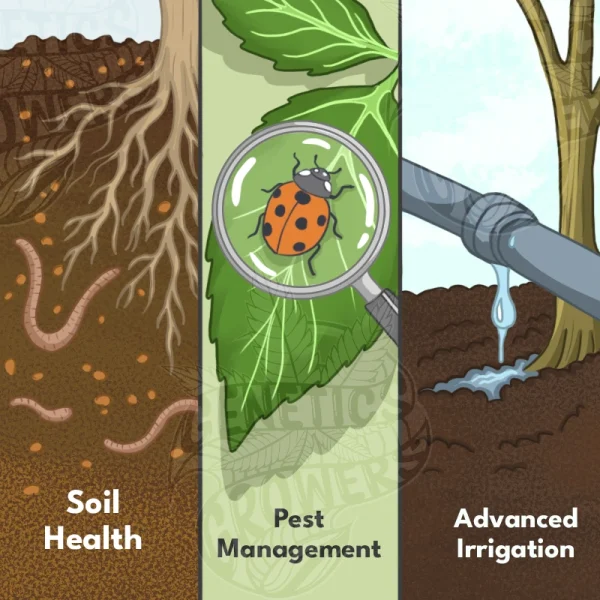 Three-panel illustration showing a soil cross-section with roots and earthworms, a magnifying glass focusing on a ladybug on a leaf, and a drip irrigation system watering plant roots, representing soil health, pest management, and advanced irrigation