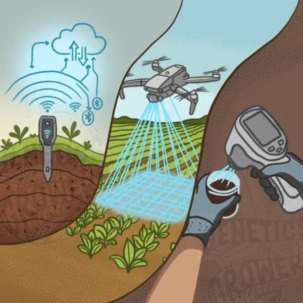 Triptych illustration showing three soil monitoring technologies, a wireless soil sensor transmitting data to the cloud, a multispectral drone scanning a crop field, and a handheld spectrometer device analyzing a soil sample.