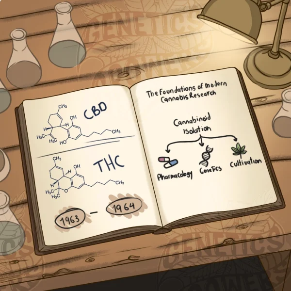 Vintage research notebook showing the chemical structures of THC and CBD dated 1963 to 1964, alongside a flowchart illustrating how cannabinoid isolation branched into pharmacology, genetics, and cultivation