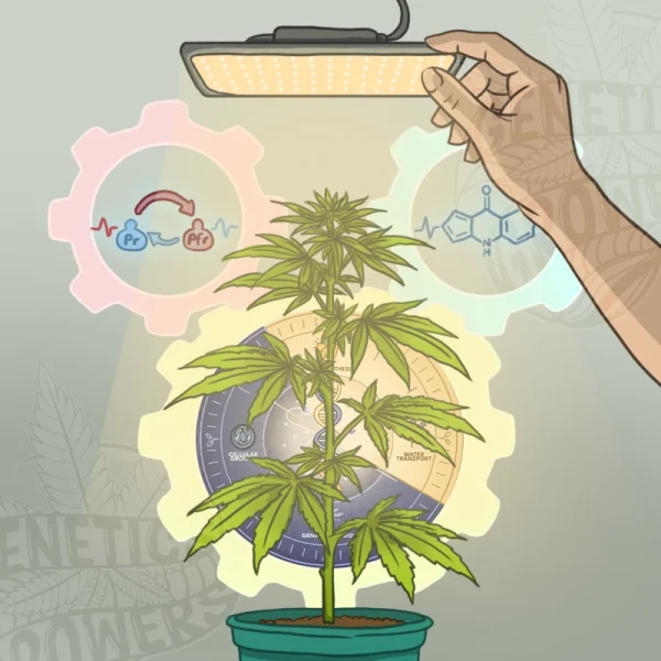 Human hand adjusting an LED grow light above a cannabis plant, with phytochrome, cryptochrome and circadian clock gear icons interlocking behind it