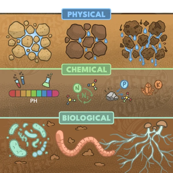 Educational infographic illustration of soil health divided into three zones, physical soil properties showing texture and water retention, chemical properties showing pH and nutrients N P K, and biological properties showing microorganisms, an earthworm, and fungi.