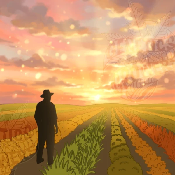 Silhouette of a farmer wearing a hat standing before a vast, thriving multicolored field at sunset, symbolizing the optimistic future of hybrid plant cultivation