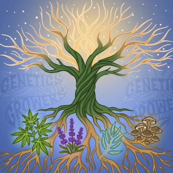 Tree of life illustration with roots connecting cannabis, lavender, eucalyptus, and mushrooms, its branches dissolving into a starlit sky, symbolizing the future potential of plant synergy research