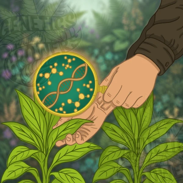Hand holding a magnifying glass over a plant, revealing a golden DNA strand and molecular compounds inside the lens, representing the full chemical profile hidden within plants
