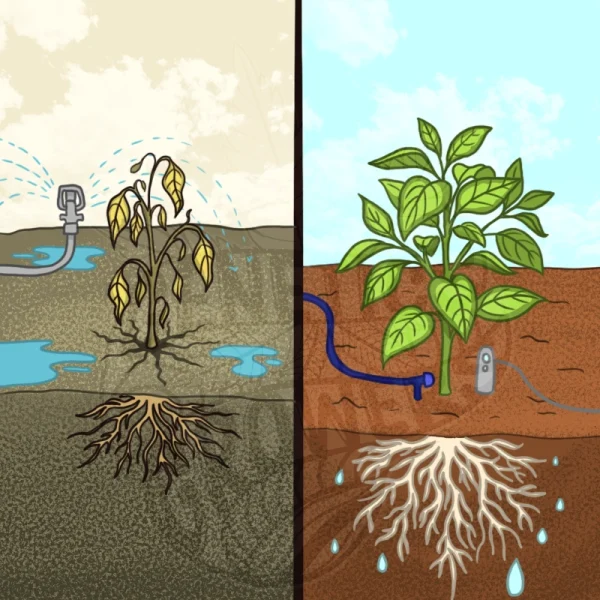 Side by side cross-section illustration comparing a wilted plant with weak roots in dry, overwatered, compacted soil versus a thriving plant with strong roots in balanced soil supported by a precise irrigation system and soil sensor.
